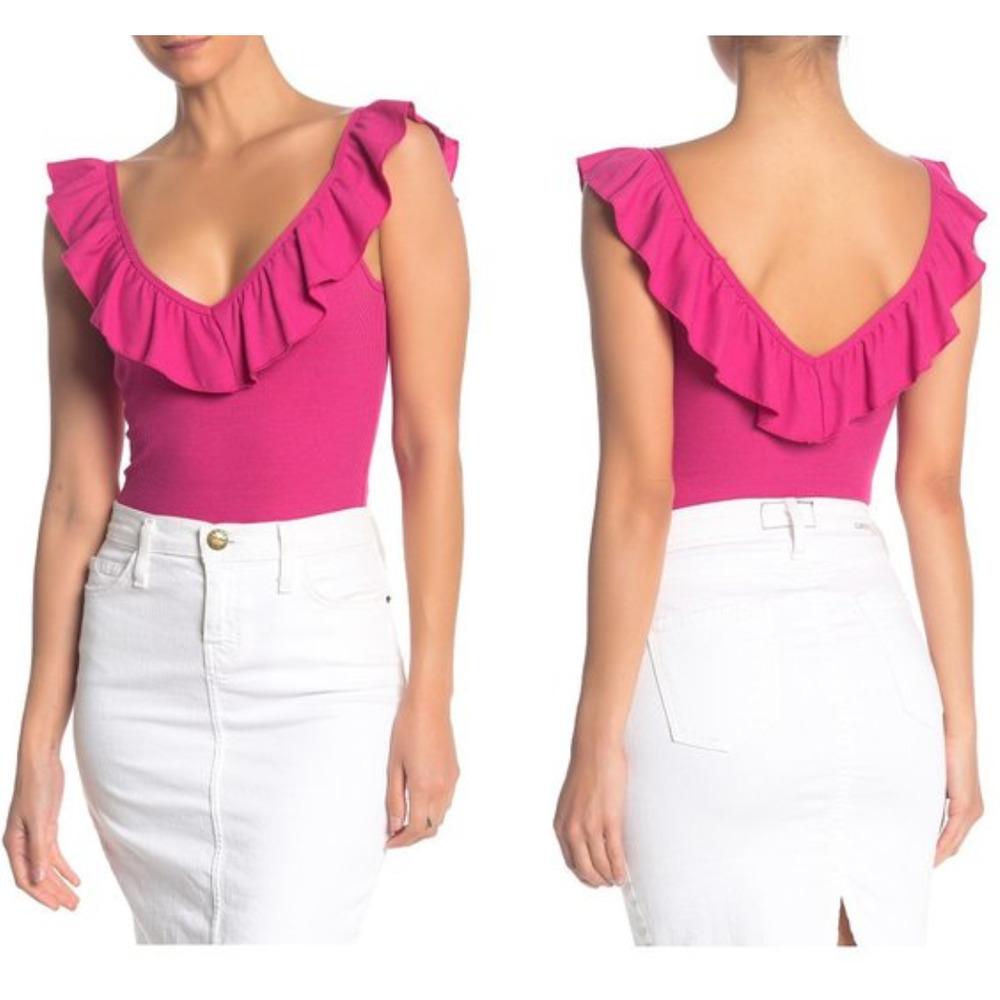 Socialite Ruffled Double V-Neck Sleeveless Bodysuit Pink XS